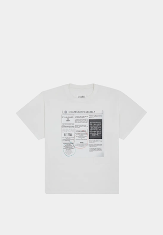 Maison Margiela MM6 Newspaper Print T-Shirt in white showcasing an oversized graphic front panel with mixed text.