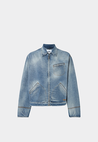 MSGM Giubbino denim wash jacket with three front zip pockets, designer clothing boutique outerwear.