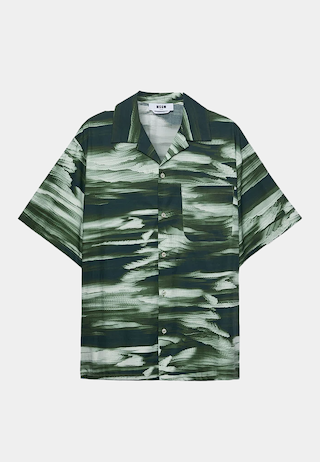 MSGM Poplin Bowling Shirt With Collection Graphics Green