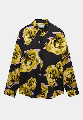 MSGM Satin Underground Pixelled Roses Ls Shirt Yellow Black