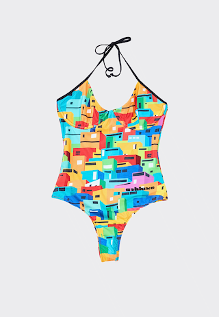 Urban Mosaic Print High Leg Swimsuit