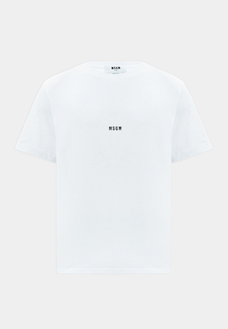 MSGM white jersey short-sleeve T-shirt with micro logo print, luxury fashion online shopping.