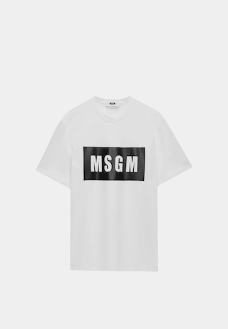 White MSGM cotton T-shirt with box logo, exclusive luxury lifestyle brand fashion.