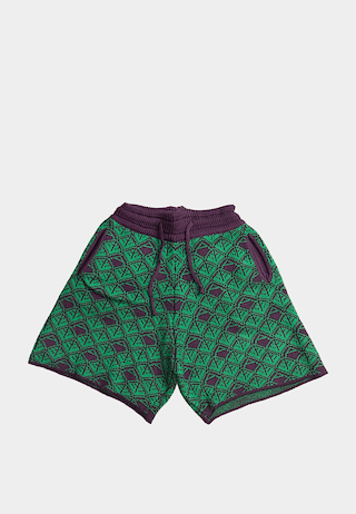 Ashluxe Monogram Knitted Shorts in Purple and Green with drawstring waist and geometric knit pattern.