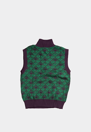 Ashluxe Zip Monogram Knitted Vest in Purple and Green with half-zip neckline and geometric monogram pattern.