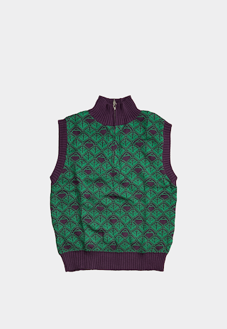 Ashluxe Zip Monogram Knitted Vest in Purple and Green with half-zip neckline and geometric monogram pattern.