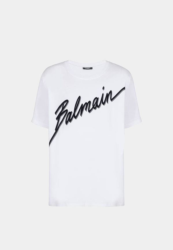 Balmain Logo Flocked Letter  Short Sleeve  T-Shirt White Black