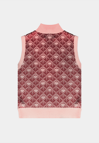 Ashluxe Zip Monogram Knitted Vest in pink and cream with half-zip neckline and geometric monogram pattern.