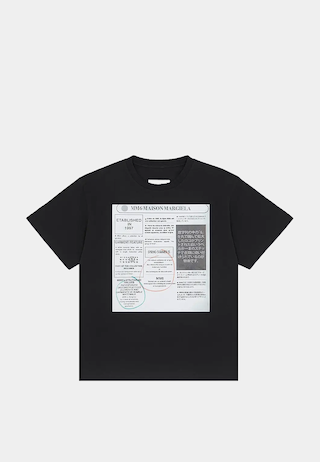Maison Margiela MM6 Newspaper Print T-Shirt in Black showcasing an oversized graphic front panel with mixed text.