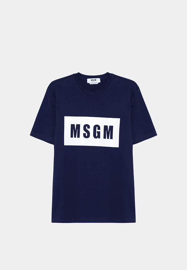 Navy MSGM cotton box logo T-shirt, luxury fashion online.