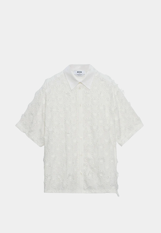 White MSGM poplin shirt with all-over embroidery, exclusive designer clothing boutique piece.