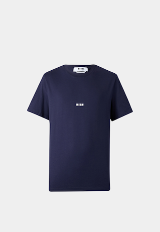 Navy MSGM T-shirt with small white logo, high-end fashion store exclusive.