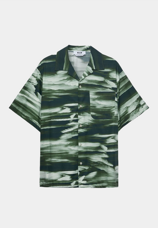 MSGM Poplin Bowling Shirt With Collection Graphics Green
