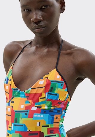 Urban Mosaic Print High Leg Swimsuit