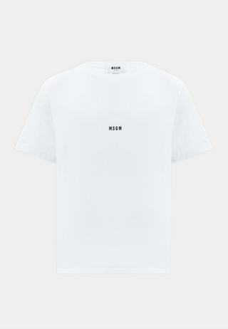 MSGM white jersey short-sleeve T-shirt with micro logo print, luxury fashion online shopping.