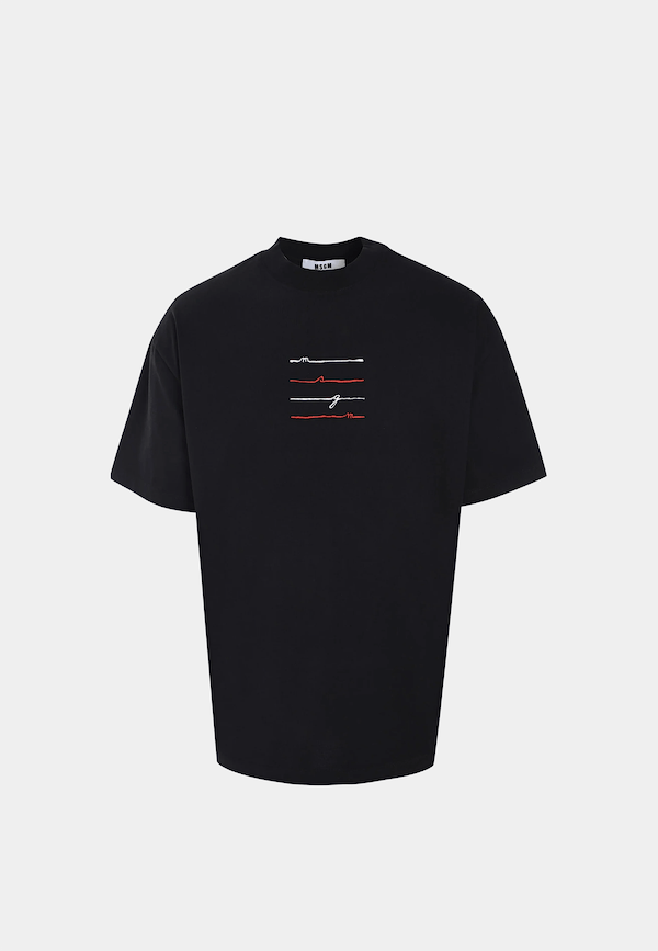 Black MSGM alphabet signature split logo T-shirt, luxury lifestyle brand streetwear.