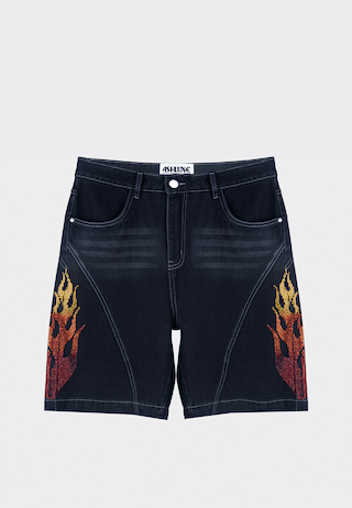 Ashluxe Flame Denim Short in black with red and orange flame embroidery on both sides.
