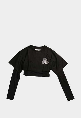 Ashluxe Women A Bling Star Layered Crop Tee Black
