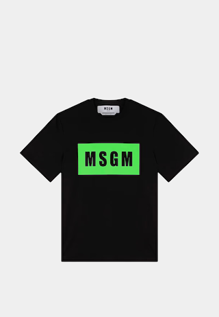 MSGM cotton T-shirt with box logo in black and green, designer clothing boutique piece.