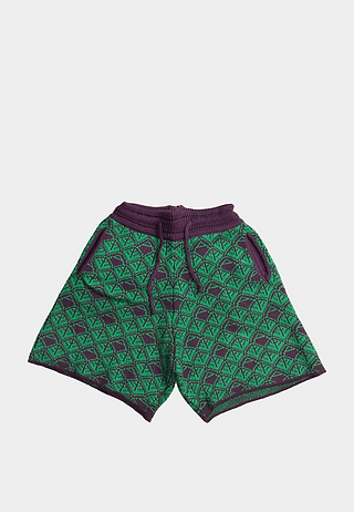 Ashluxe Monogram Knitted Shorts in Purple and Green with drawstring waist and geometric knit pattern.