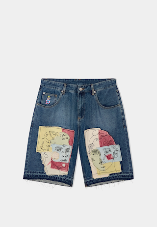 KidSuper Dark Wash Blue Baggy Shorts with Multicolor Boy and Girl Doodle Patchwork
