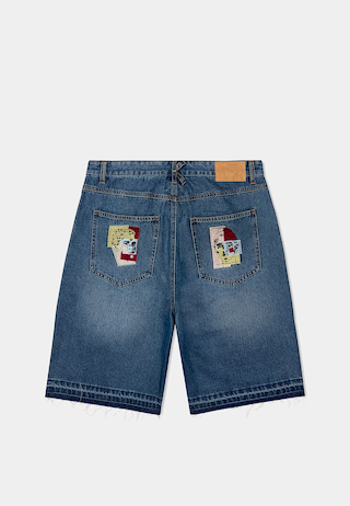 KidSuper Dark Wash Blue Baggy Shorts with Multicolor Boy and Girl Doodle Patchwork