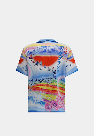 Casablanca Cuban Collar Short Sleeve Shirt Butterfly Mountain Sky Blue/ Pink Multi