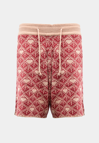 Ashluxe Monogram Knitted Shorts in pink and cream with drawstring waist and geometric knit pattern.