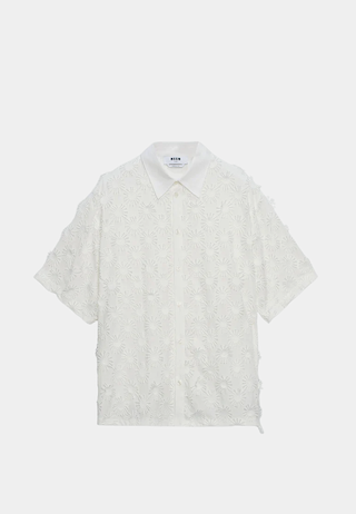 White MSGM poplin shirt with all-over embroidery, exclusive designer clothing boutique piece.