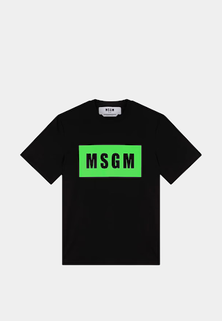 MSGM cotton T-shirt with box logo in black and green, designer clothing boutique piece.