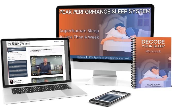 The Peak Performance Sleep System shown on a laptop, desktop, and phone alongside the printed workbook