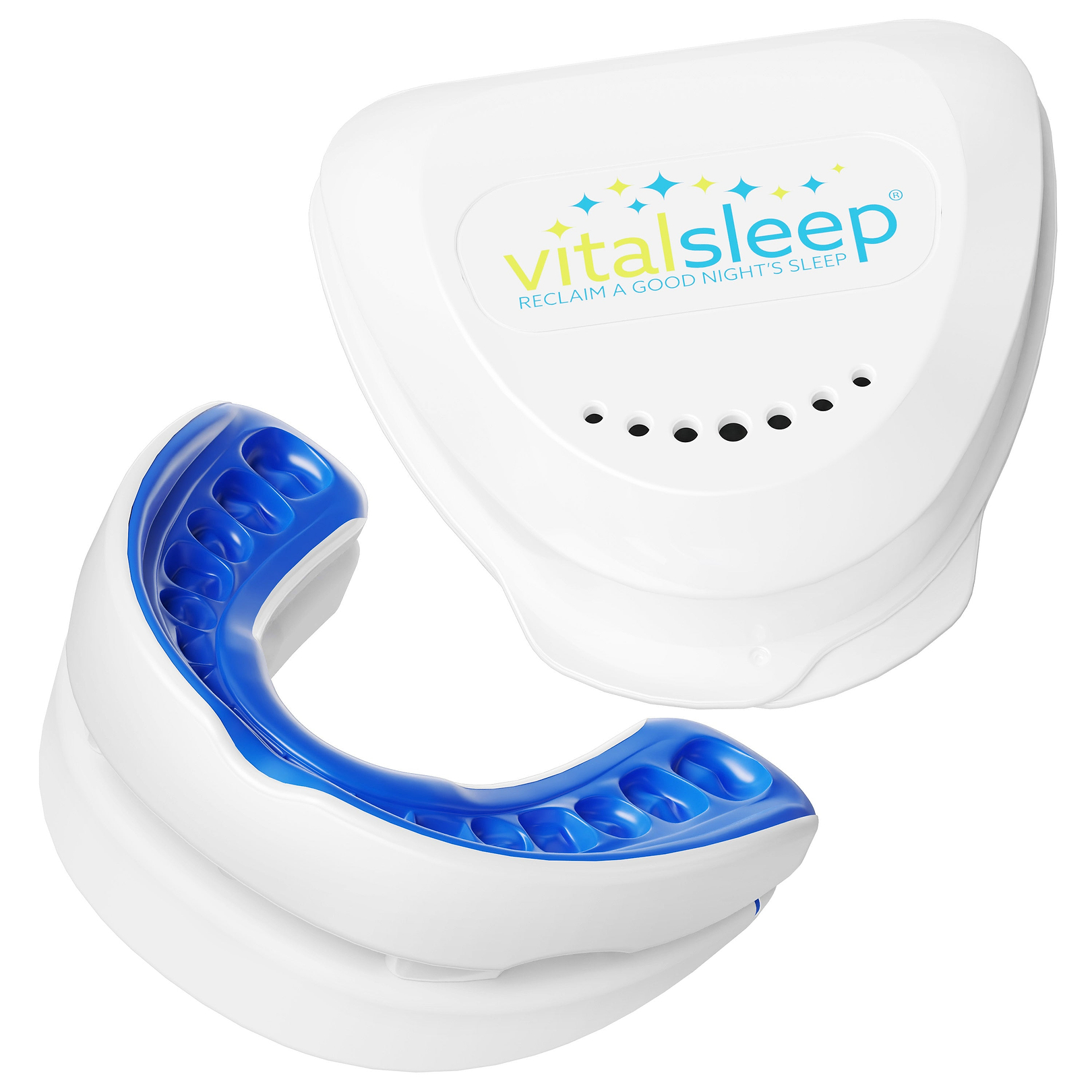 VitalSleep adjustable anti-snoring mouthpiece with its storage case, showing the row of adjustment holes