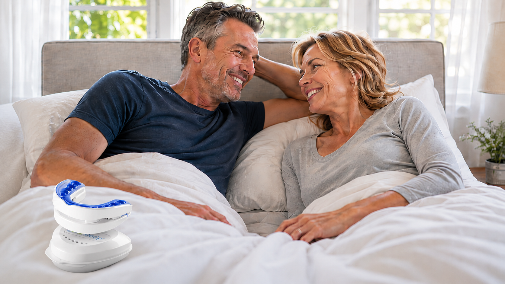 A couple awake and smiling in bed with the VitalSleep mouthpiece beside them