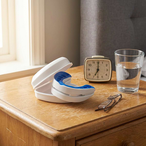 VitalSleep case open on a nightstand beside a clock and a glass of water