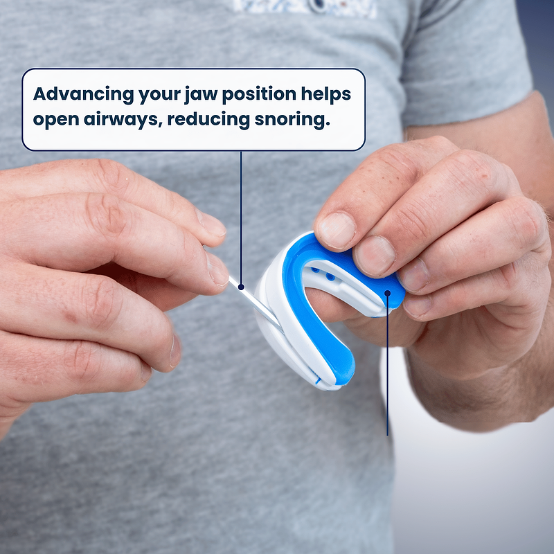 Hands adjusting the VitalSleep mouthpiece to a comfortable jaw setting