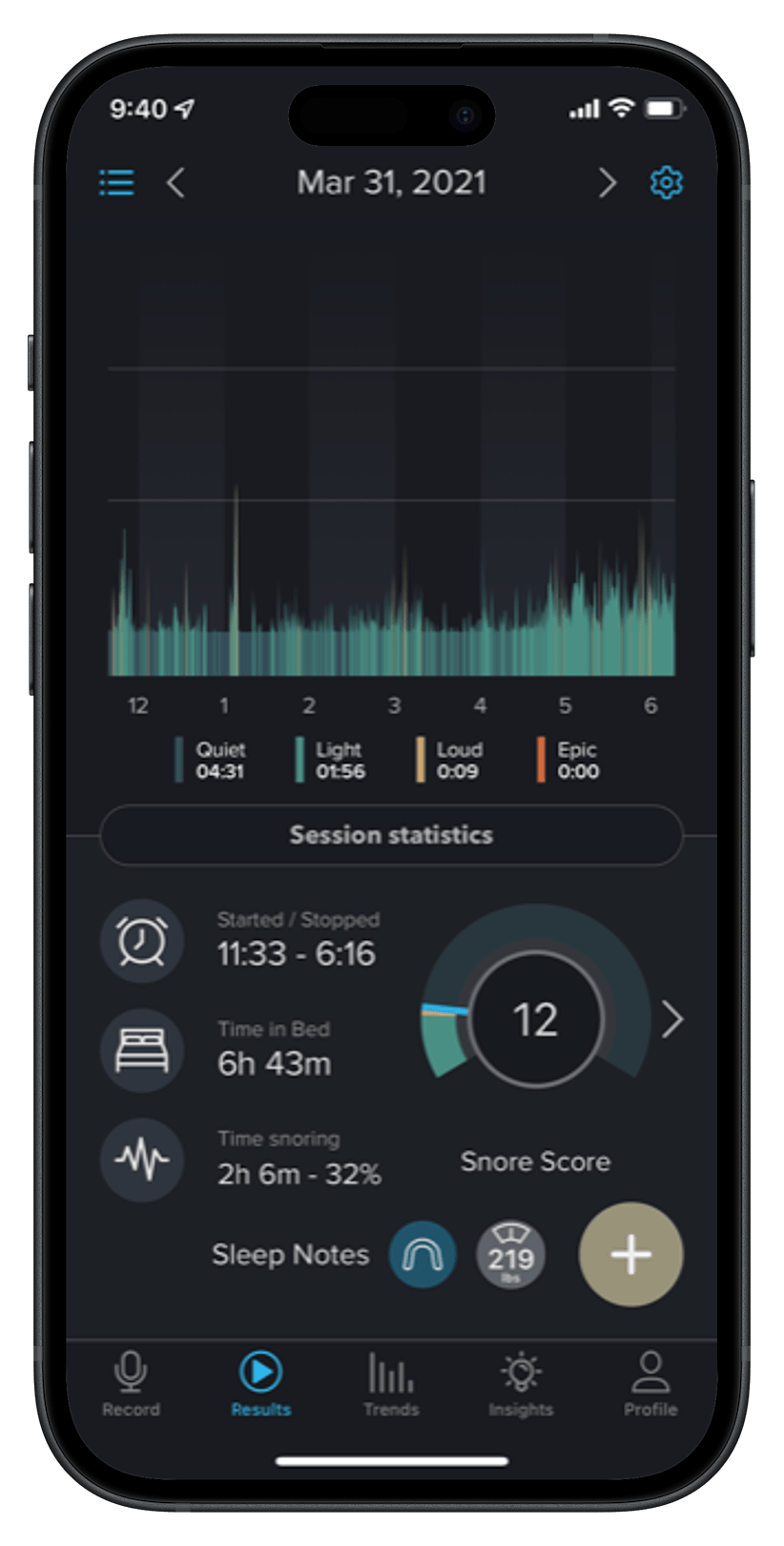 SnoreLab app results showing reduced snoring with lower snore score and calmer graph after using a snoring mouthpiece, highlighting improved sleep quality on smartphone screen