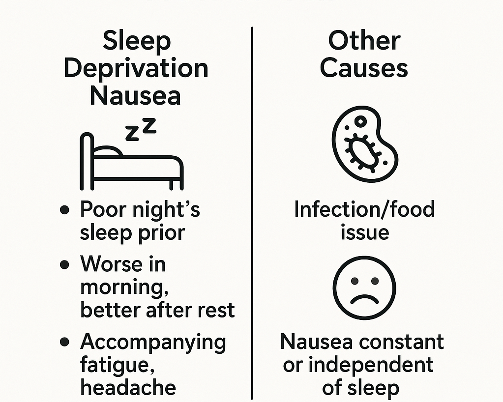 Infographic comparing symptoms of sleep-deprivation nausea versus nausea from other causes.