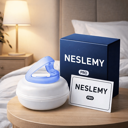NESLEMY mouthguard with storage case, box and card on bedside table in bedroom