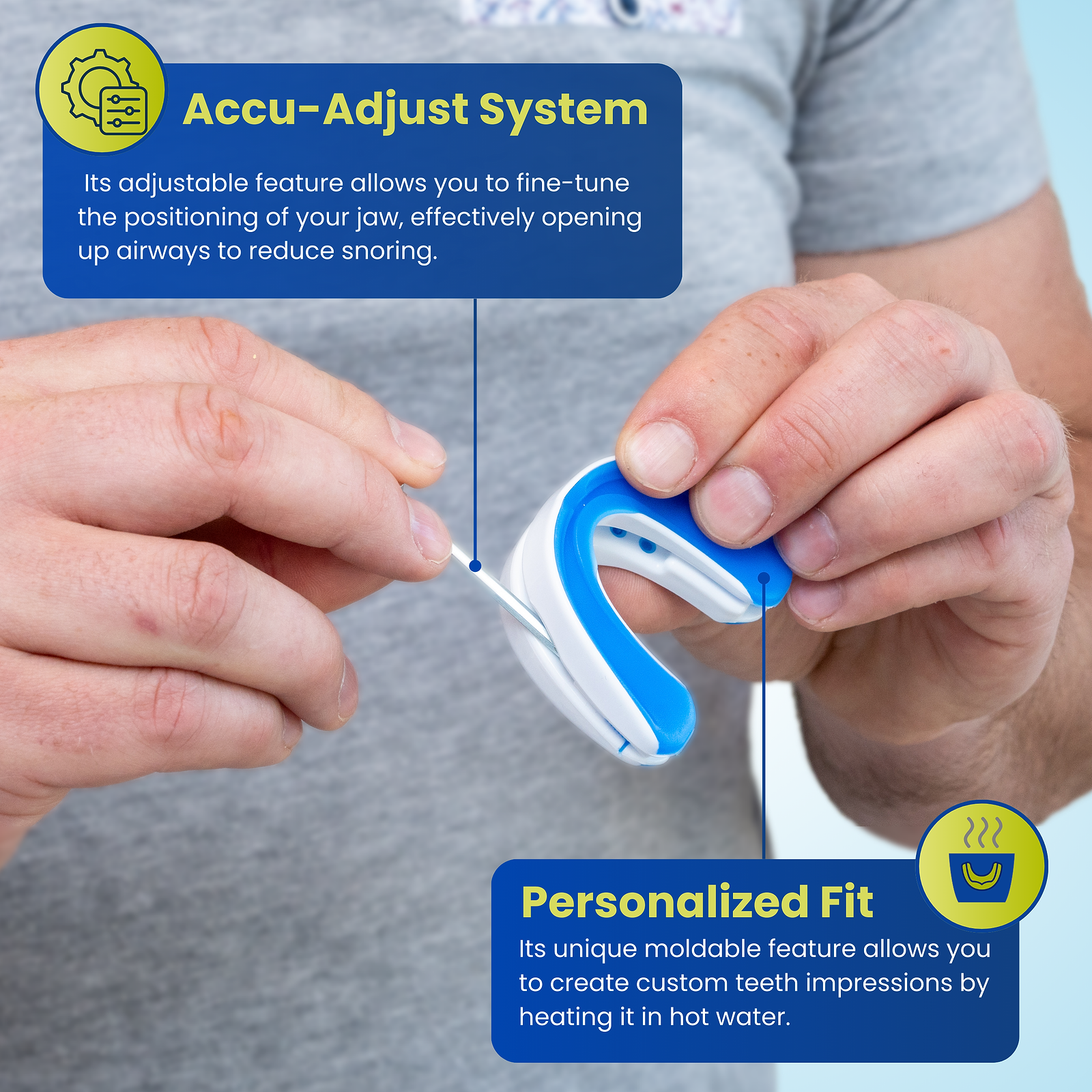 Adjustable anti-snoring mouthpiece with a heat-moldable personalized fit system.