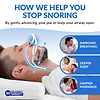 man using a device to stop snoring with text and icons about benefits.