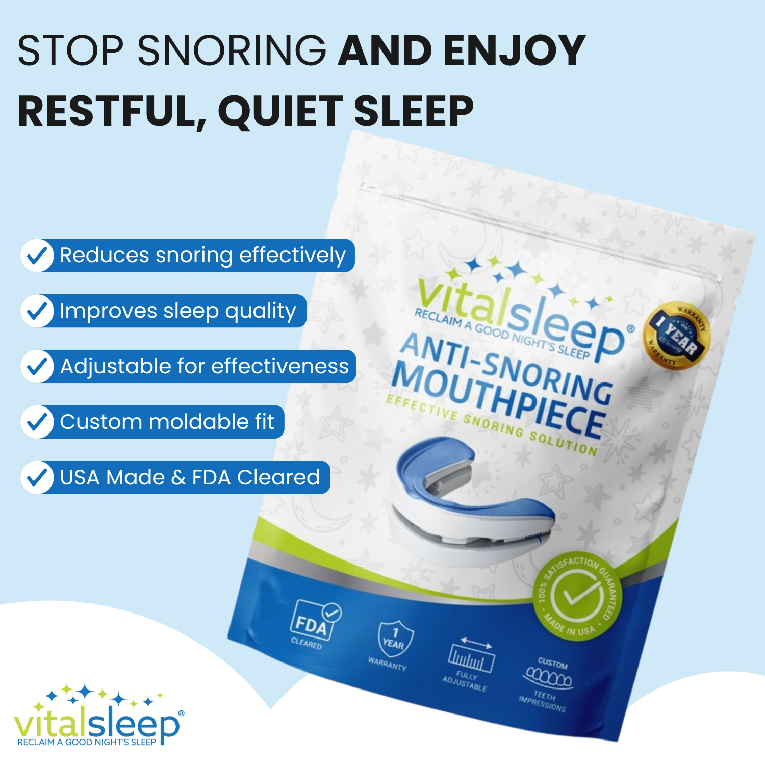 Adjustable anti-snoring mouthpiece with a heat-moldable personalized fit system.
