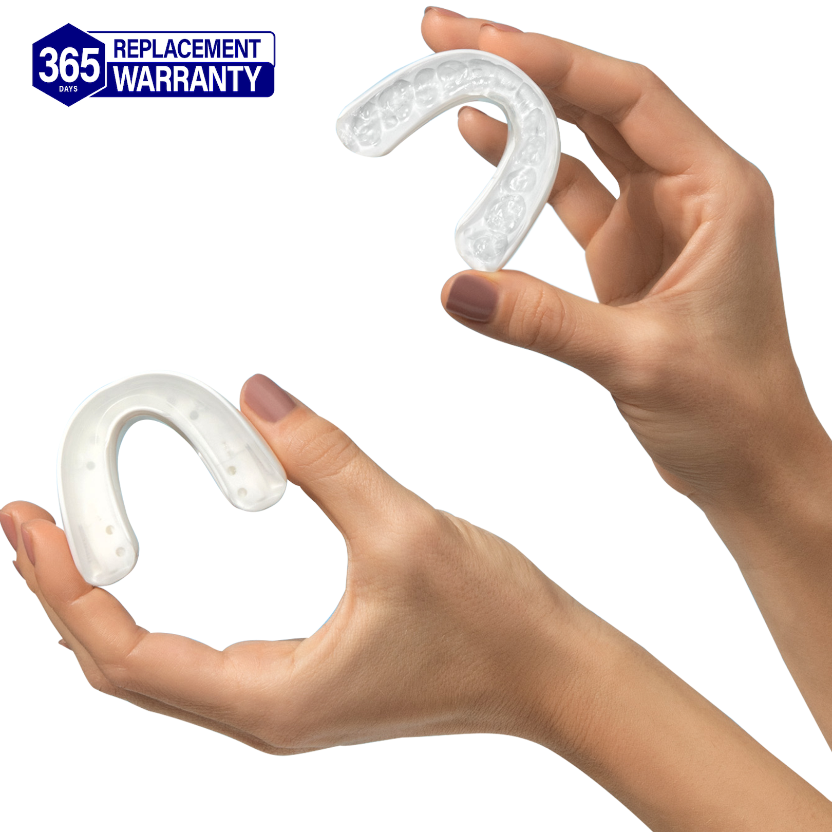 Hands holding anti-snoring mouthpiece before and after custom teeth molding - 365 day replacement warranty