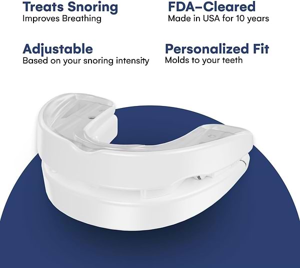 White mouthguard on a blue background with text highlighting features