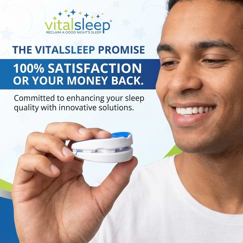 Man holding a sleep aid device with Vitalsleep branding and promotional text.