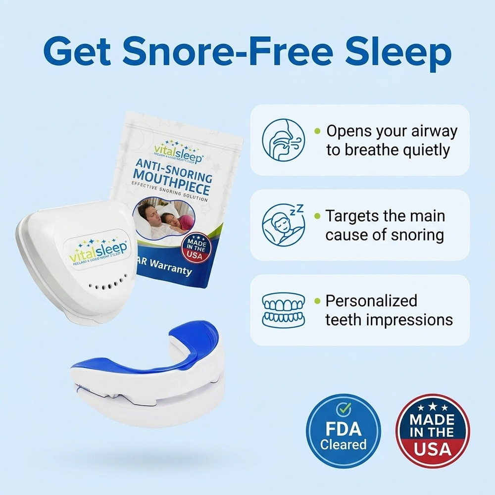 VitalSleep anti-snoring mouthpiece and packaging shown on a light blue background with feature callouts and badges including FDA Cleared and Made in the USA.