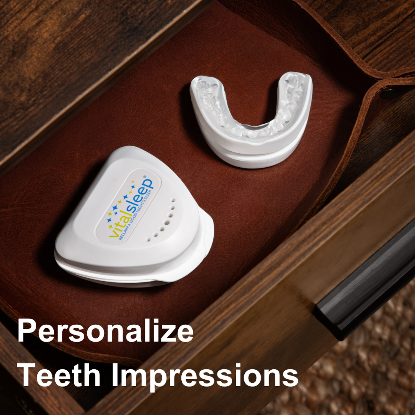 Custom-molded anti-snoring mouthpiece with protective case on nightstand - personalized teeth impressions