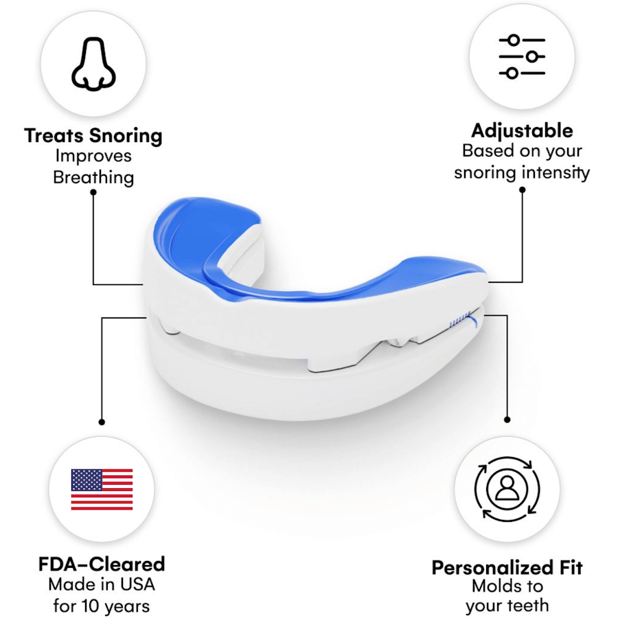 White and blue mouthguard with features highlighted on a white background