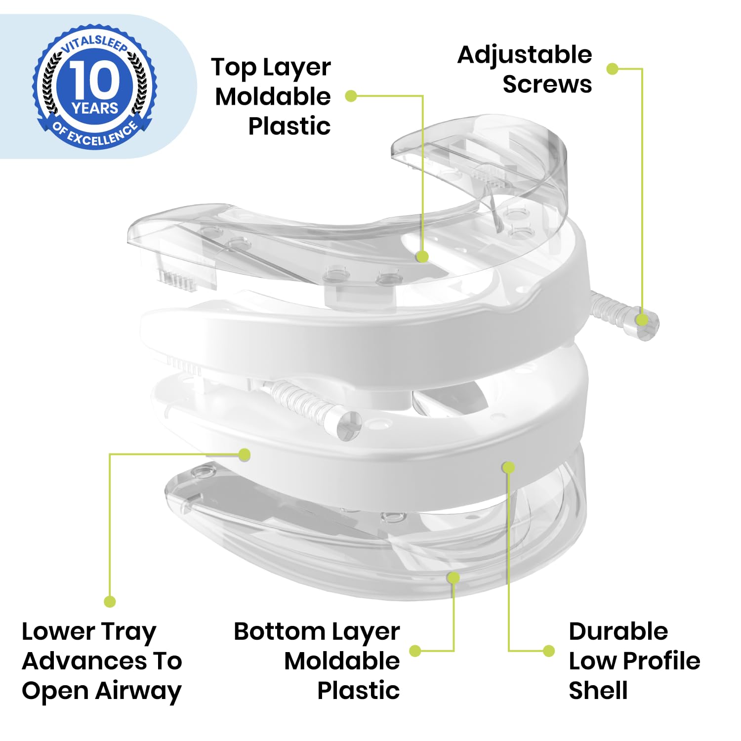 Adjustable anti-snoring mouthpiece diagram showing moldable layers and airway-opening design
