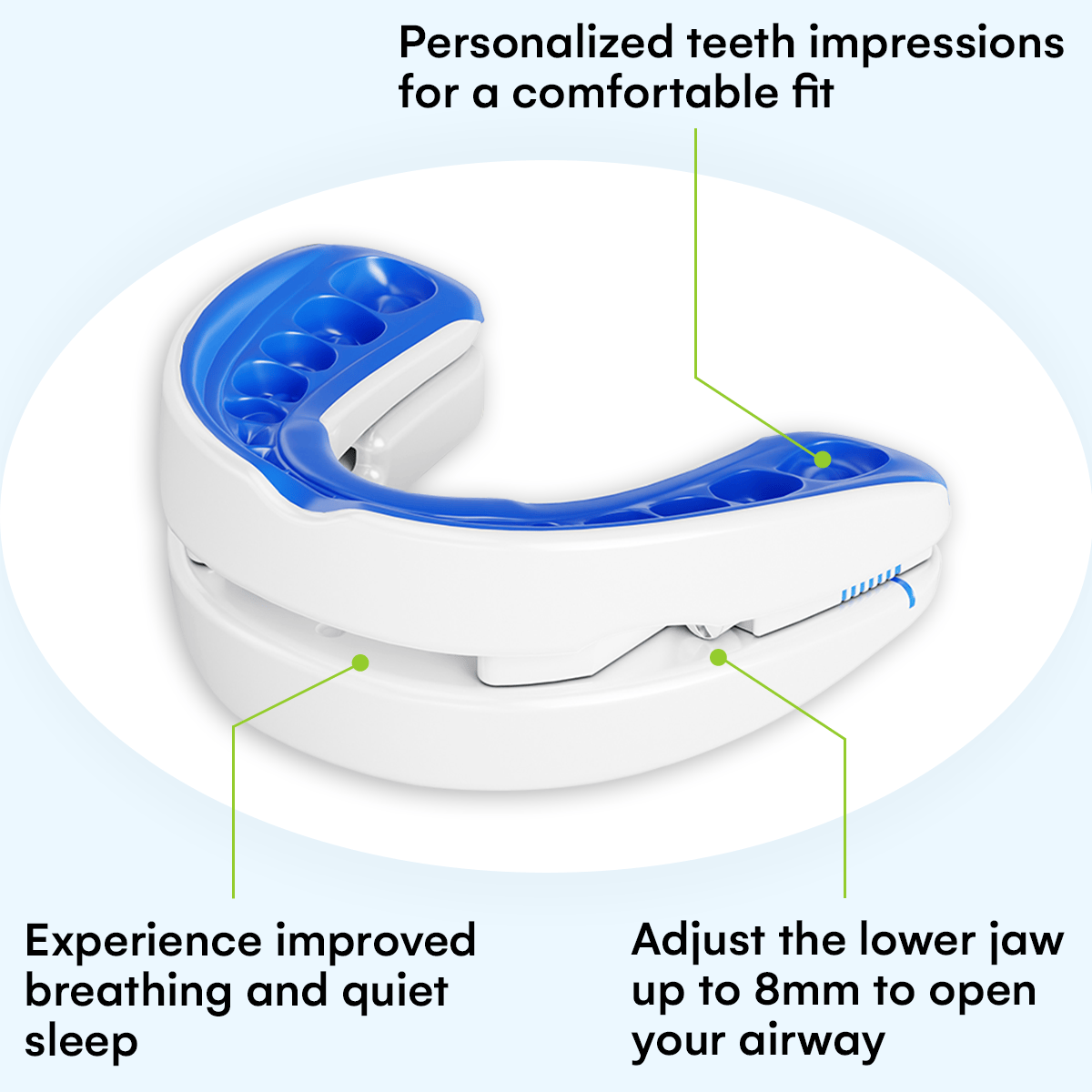 Adjustable snoring mouthpiece showing lower jaw advancement