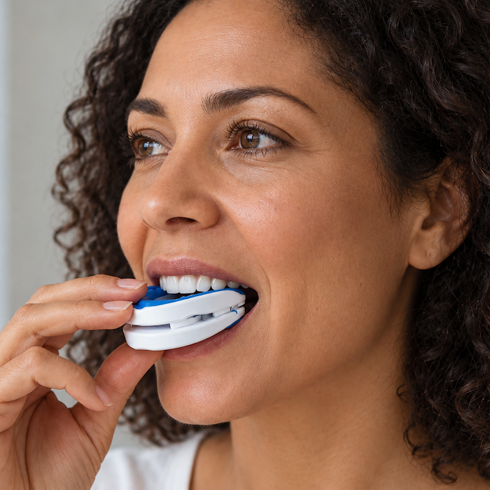 A close-up of a woman with curly dark hair using a blue and white tooth-trainer device on her teeth, with a small icon in the top right corner.